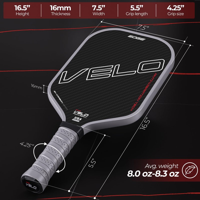Velo Pickleball, Pickleball Paddles, Professional 3K Carbon Fiber Pickleball Paddle w/Control & Spin, Dual Foam Injected Edge for Large Sweet Spot, 16mm Core, Non-Slip Long Handle, USAPA Approved