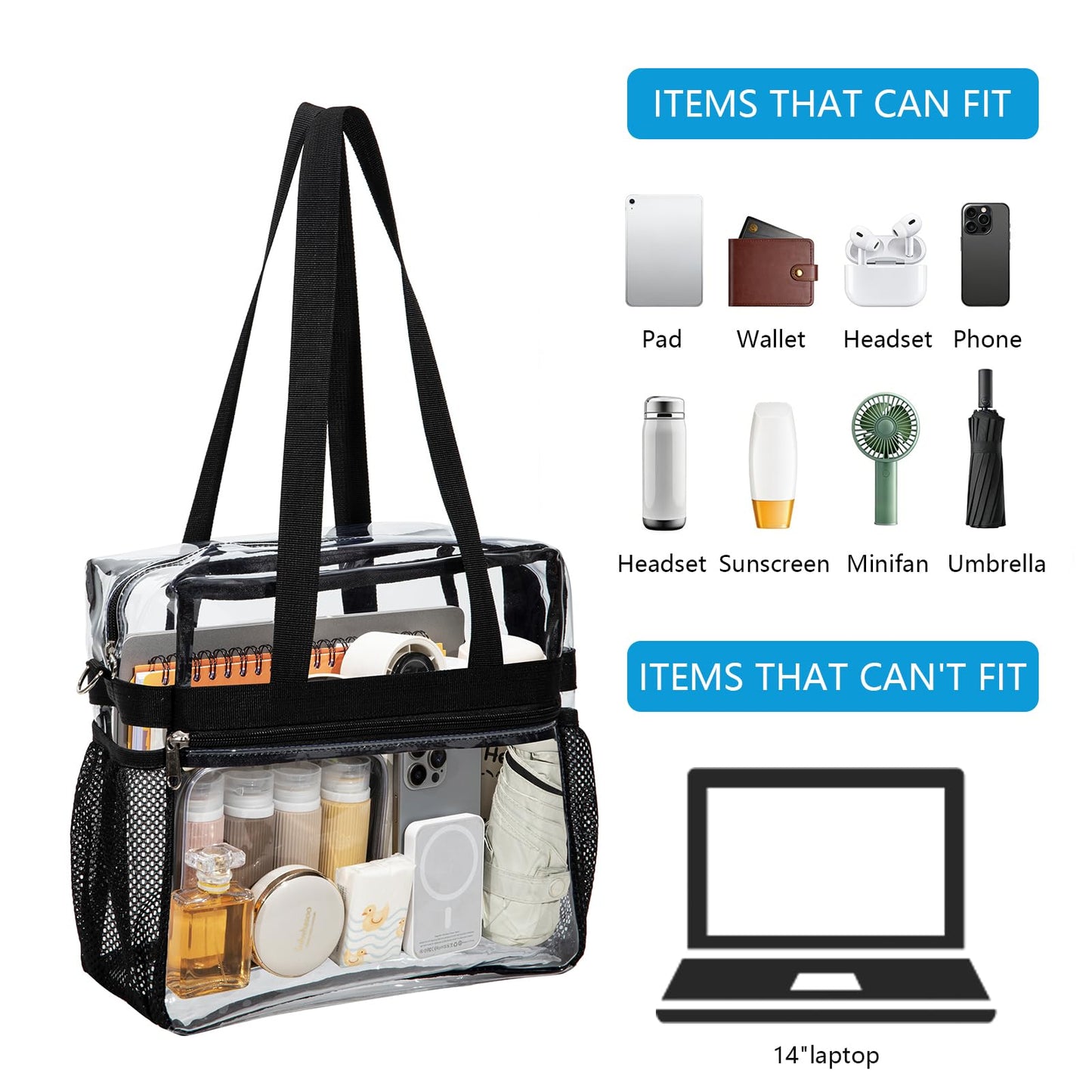 LERASO Clear PVC Transparent Tote Bag, Heavy Duty Waterproof Clear Crossbody Bag Stadium Approved with Adjustable Removable Strap for Concerts, Sports, Work, Beach & Daily Use,Black