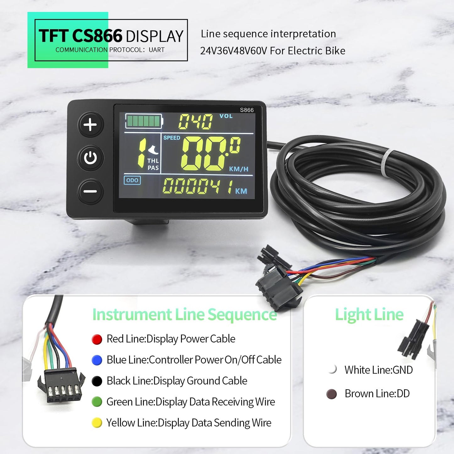 JOCHEN Ebike 36V/48V/52V 17A/26A/30A/40A Brushless Controller Mini Color LCD CS866 Display for Electric Bicycle Scooter Mountain Bike Parts (17A with CS866 Throttle)