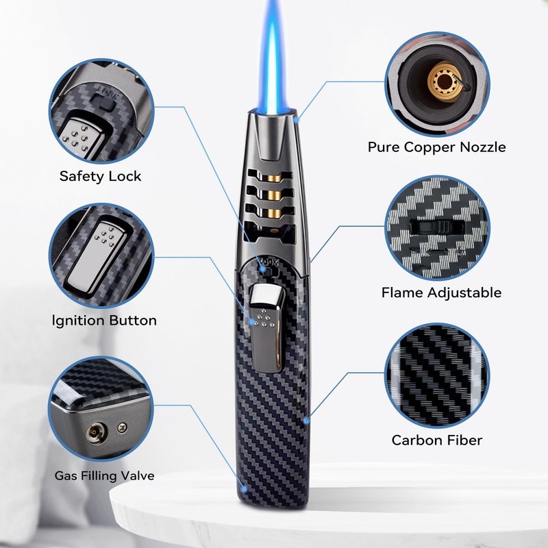 ZQMW Torch Lighter, Butane Lighter, Windproof Adjustable Big Jet Flame Butane Torch, Refillable Gas Long Torch Lighter with Safety Lock for Candle Grill Camping BBQ Kitchen Soldering, Gas Not Included