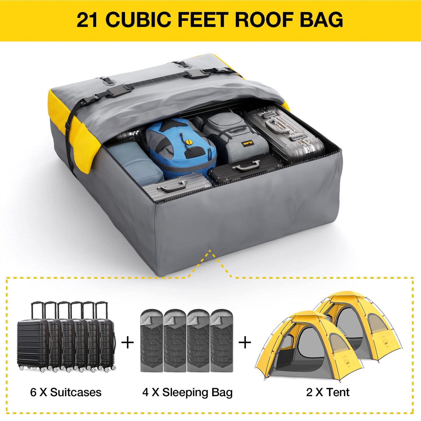 Car Roof Bag Rooftop Cargo Carrier, 21 Cubic Feet Waterproof Roof Luggage Cargo Carrier Bag with Anti-Slip Mat for All Cars Vehicles SUV with/Without Rack (with 2PCS 4M Ratchet Straps)