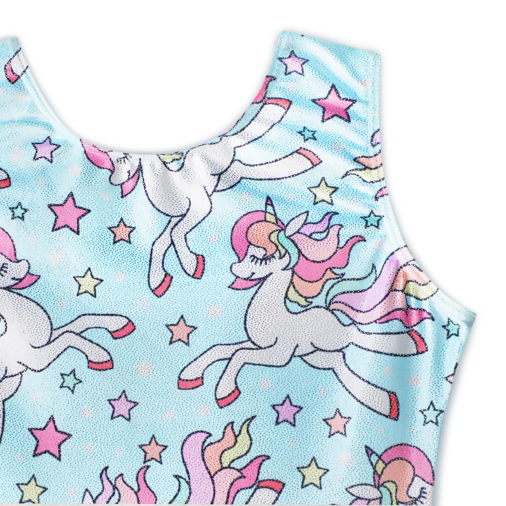 HOZIY Toddler Girls Leotards for Gymnastics Blue Unicorn Rainbow Stars Sky Aqua With Shorts Kids Leo Unitard Tumbling Outfits Biketard Leotardos Para Gimnasia Ninas Preschool