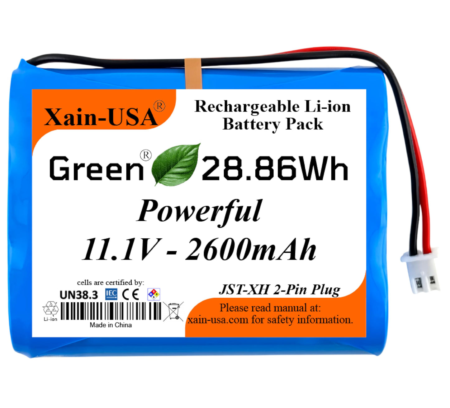 Xain-USA Powerful Replacement 11.1V Li-ion Battery. 2600mAh Capacity, 3S1P config, JST-XH 2.54 Connector, Built-in BMS. Ideal for Super LifeJacket Jolt Rugged IMW888S, IMW889N-BLKC.