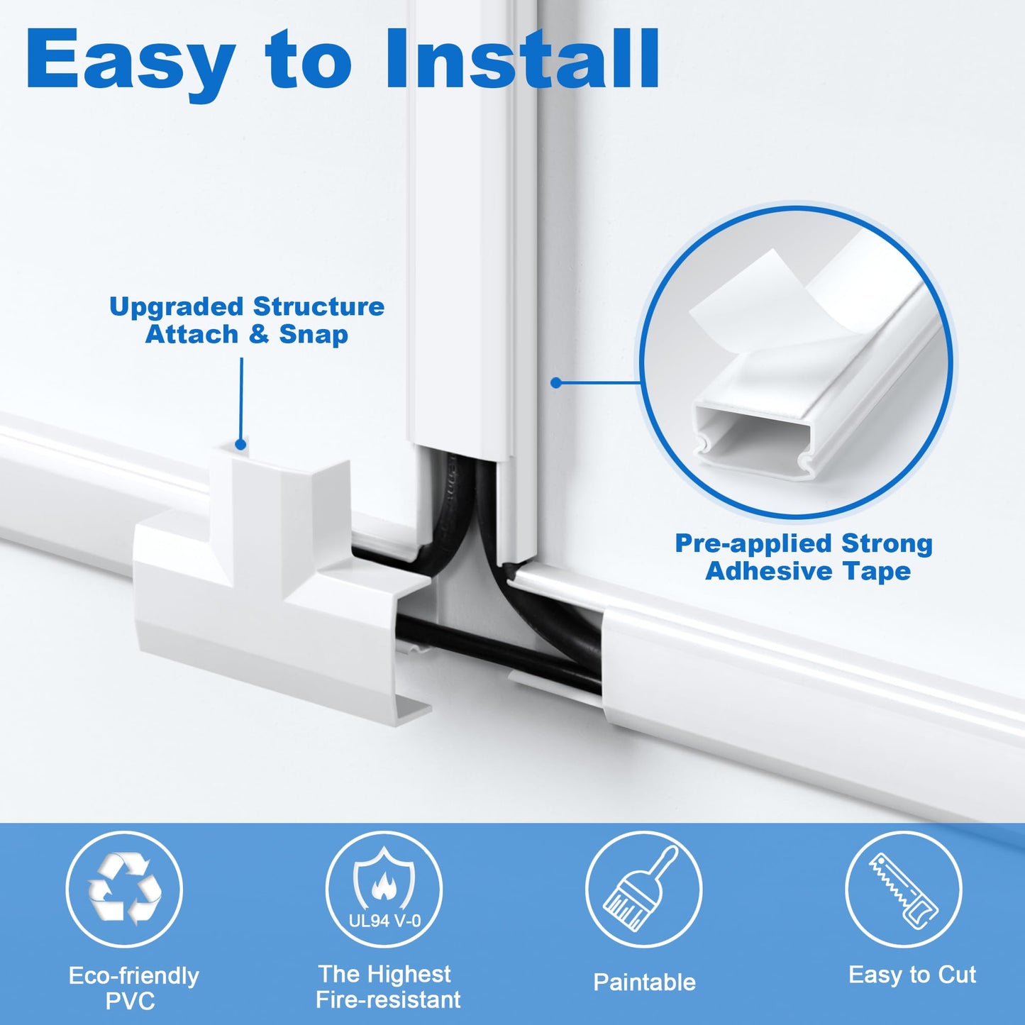 ZhiYo Cord Cover Wall Kit, 94.5in Cord Hider Wall Mounted TV, Self-Adhesive Wire Covers for Cords, Paintable Wire Hiders Cable Raceway Kit, Cable Concealer, 6 x L15.7in W0.98 H0.5in, Black