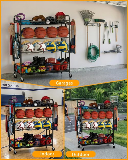 EXTCCT Garage Sports Equipment Organizer - Rolling Ball Storage Bin with Wheels | Multi-Functional Gear Rack