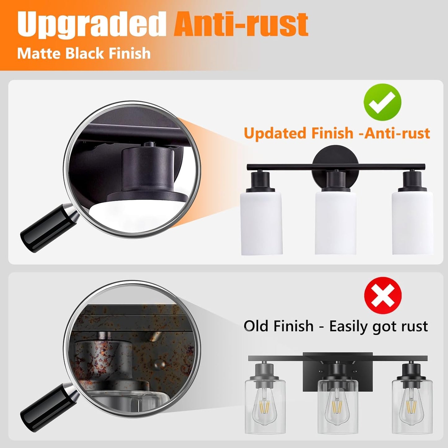 Modern Black 3-Light Bathroom Vanity Light Fixtures with Clear Glass Shades - 2 Pack