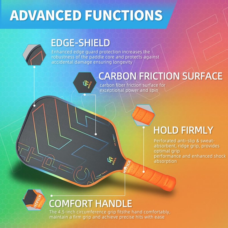 Pickleball Paddles, T700 Carbon Fiber Pickleball Paddle with PP Honeycomb Core 16mm Thickness, Enhanced Shock Absorption for Ultimate Spin & Consistency