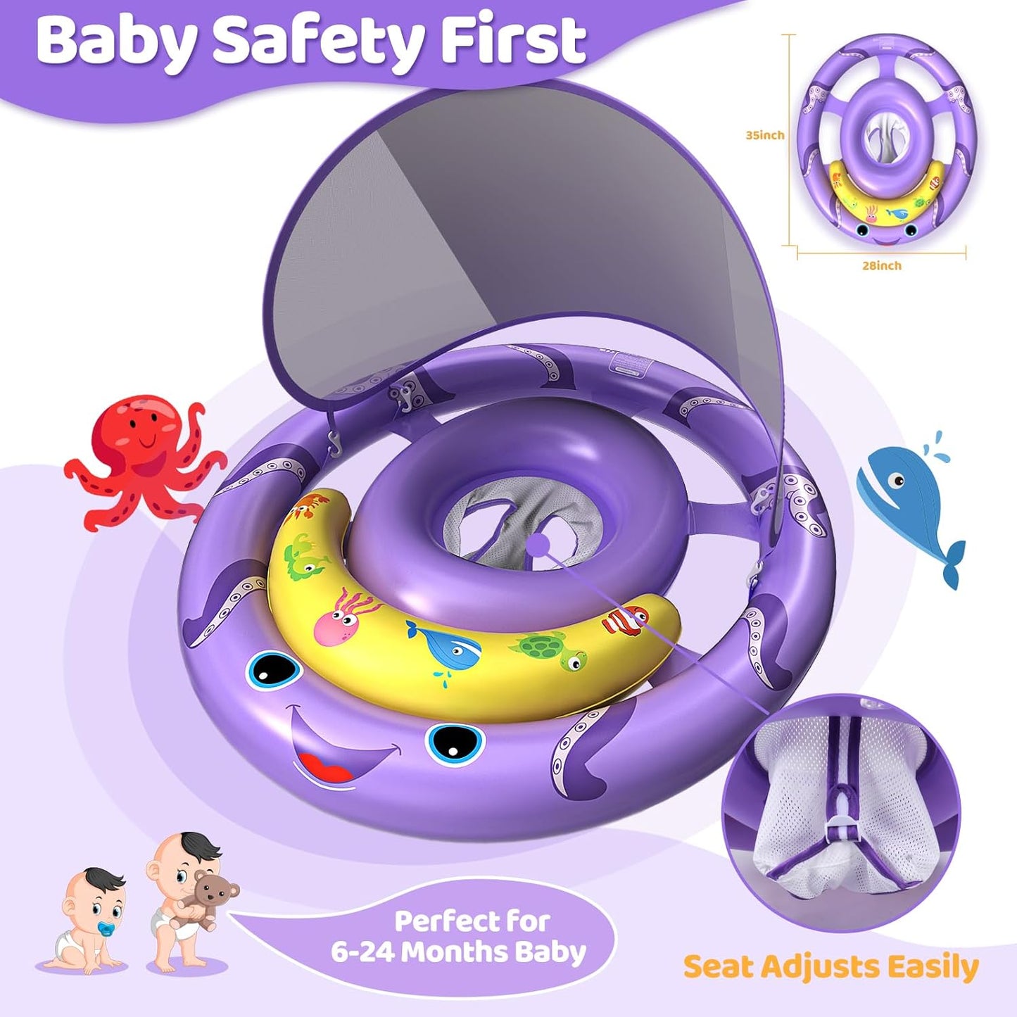 Skiennix Baby Pool Float - Octopus Swim Float with UPF50+ Canopy for 6-24 Months | Adjustable & Breathable Seat
