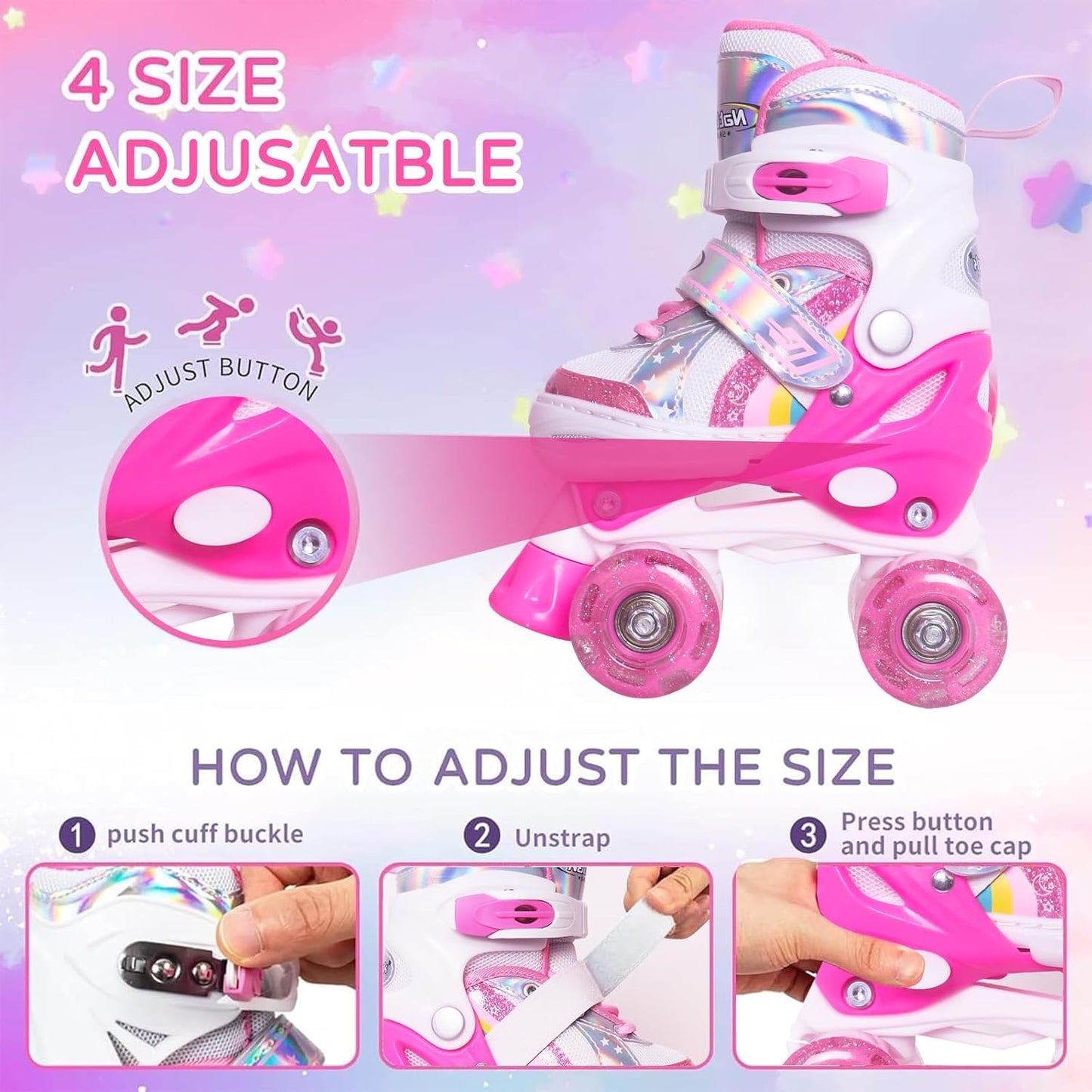Nattork Girls Roller Skates - Adjustable Rainbow Quad Skates with Light-Up Wheels | Perfect Birthday Gift