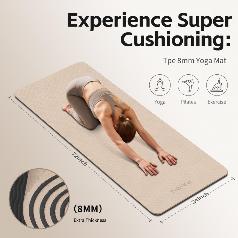 PAIDU Yoga Mat 8mm Super Thick TPE Fitness Mat | SGS Certified | Non-Slip, Odorless & Tear-Resistant | Unisex with Strap | for Yoga, Pilates, Meditation & Home Workouts (Beige&Black)