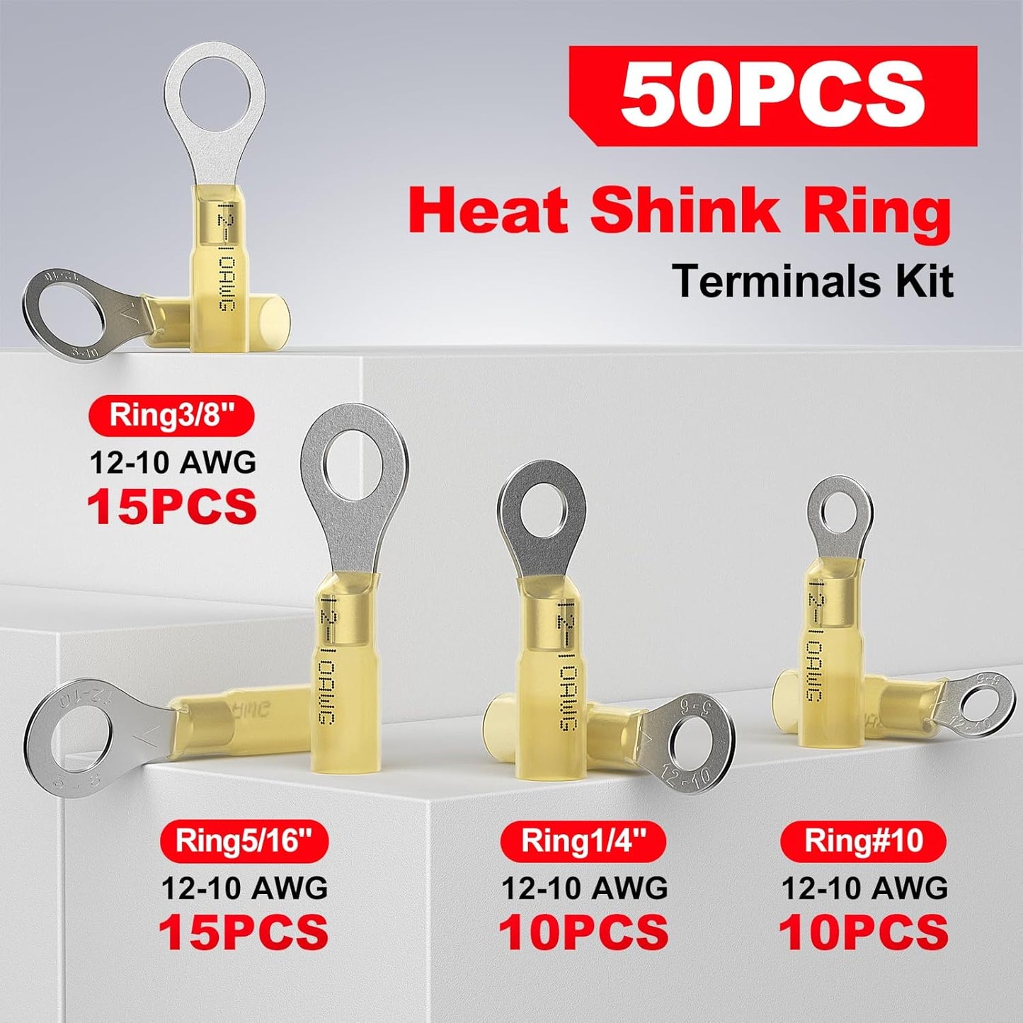 AIRIC Heat Shrink Ring Terminals Kit - Copper Connector Ends for 12/10 AWG Wires | 50 PCS, Yellow