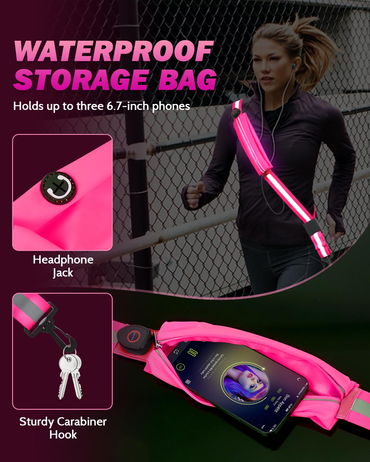 Fitense LED Reflective Belt Sash with Phone Holder, High Visibility Reflective Running Gear Rechargeable Light Up Safety Lights for Walkers for Runners Men Women