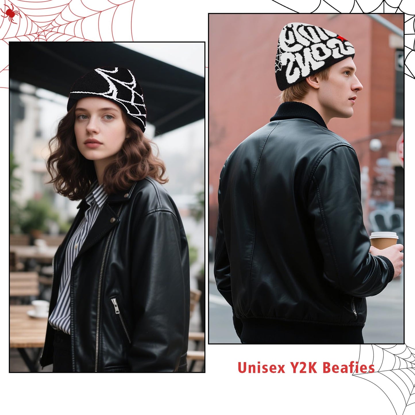 yiilead 4 Pcs Y2K Beanie Spider Web Beanie, Winter Streetwear Headwear Knitted Hat Goth Graphic Beanies for Men Women Black