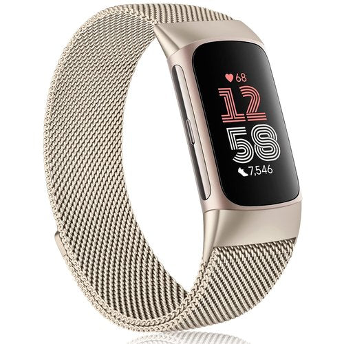 Meliya for Fitbit Charge 6 Bands Women Men, Stainless Steel Metal Mesh Loop Adjustable Magnetic Wristband Replacement Straps Compatible with Fitbit Charge 6 Fitness Tracker (Champagne)