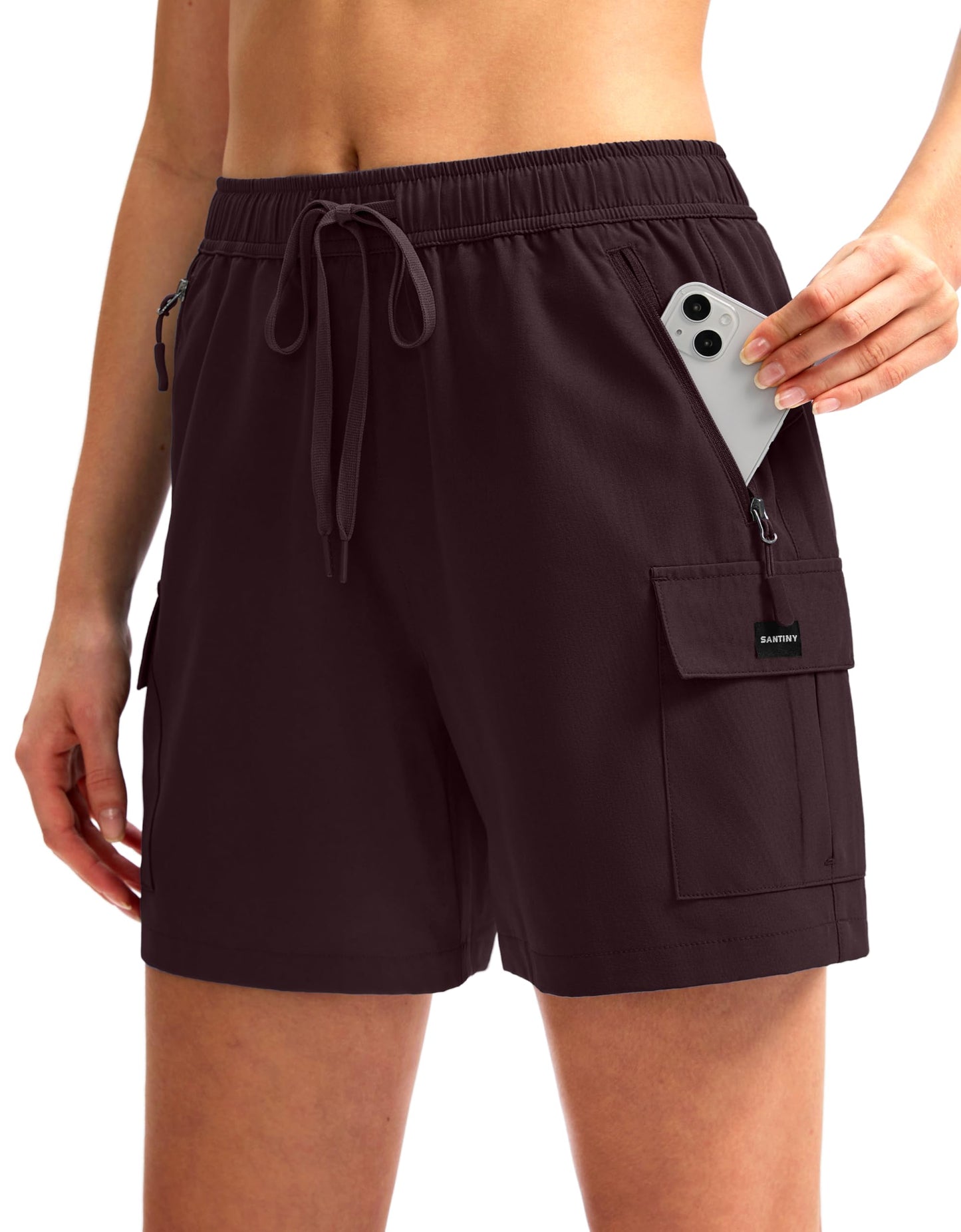 SANTINY Women's 5''/ 7'' Hiking Cargo Shorts Quick Dry Lightweight Summer Shorts for Women Athletic Golf Zipper Pockets(Wine_S)