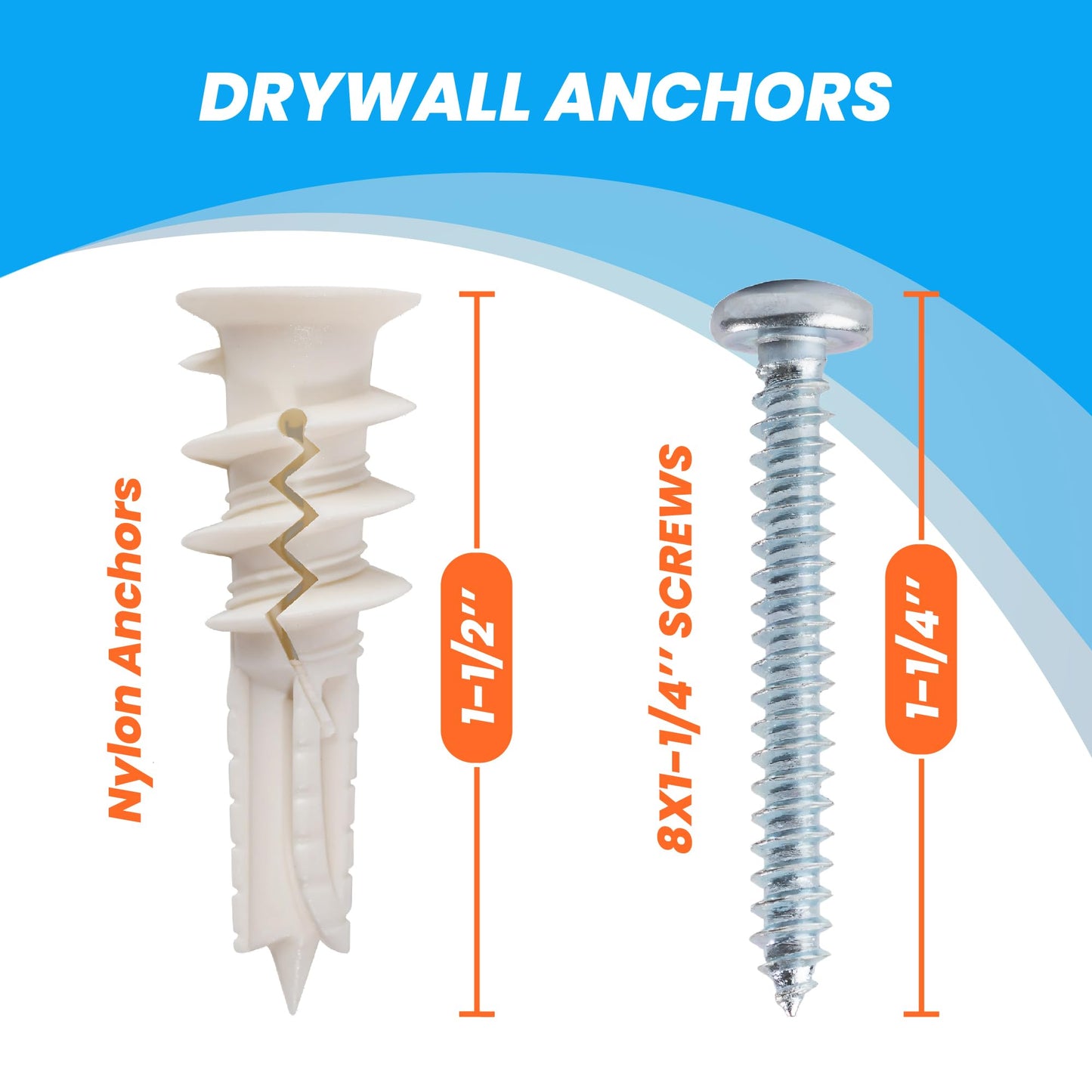 PRANSI 130pcs Drywall Anchors and Screws Kit – #8 x 1-1/4” Self Drilling Anchors – No Pre-Drill Required – Heavy Duty Wall Anchors for Drywall – Holds Up to 75lbs