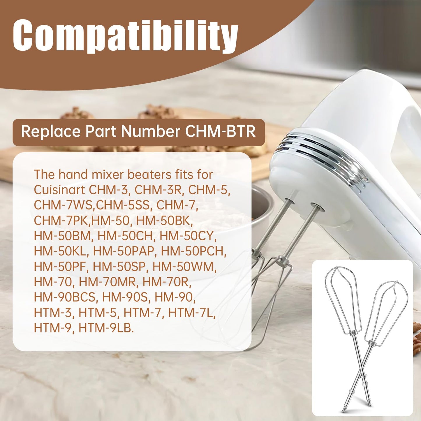 Replacement Beaters for Cuisinart Hand Mixer CHM-3 CHM-5 CHM-7 HM-50 HM-70 HM-90 HTM-9LT, Hand Blender Replacement Parts CHM-BTR Whisk Attachments