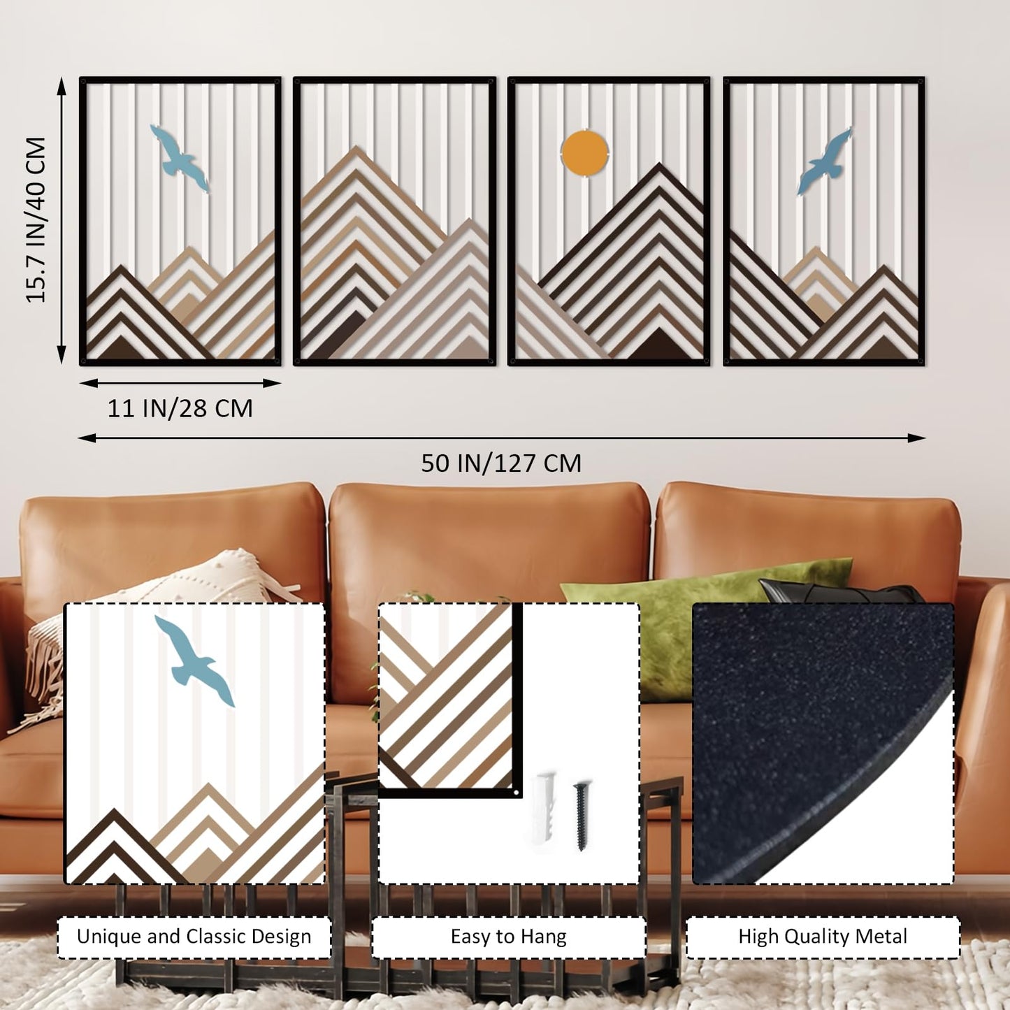 Resama 4 Pcs Geometric Mountain Wall Art, Bird & Sun Nature Metal Wall Decor, Modern Abstract Mountain Range Wall Sculpture for Living Room Bedroom, Minimalist Home Hanging Art