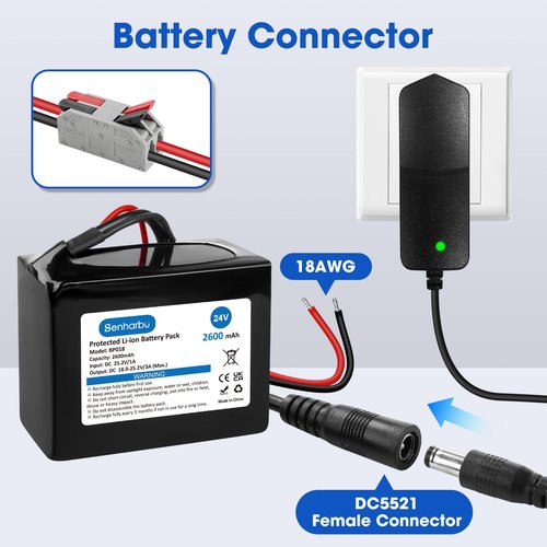 Senharbu 24V 2.6Ah Lithium Ion Battery 24 Volt Rechargeable Battery Replacement with Charger, Charging Cable, Cable Connector