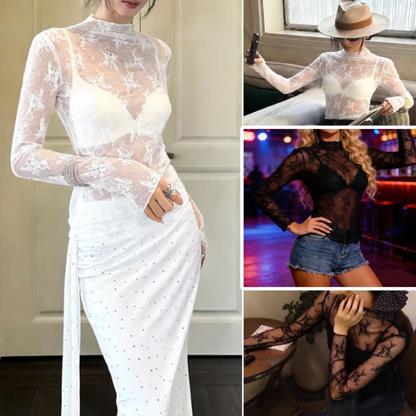 Women's Lace Mesh Long Sleeve Tops, Sexy See Through Mock Neck Sheer Shirt for Date Night & Party & Club Blouse (US, Alpha, Medium, Regular, Regular, Black)
