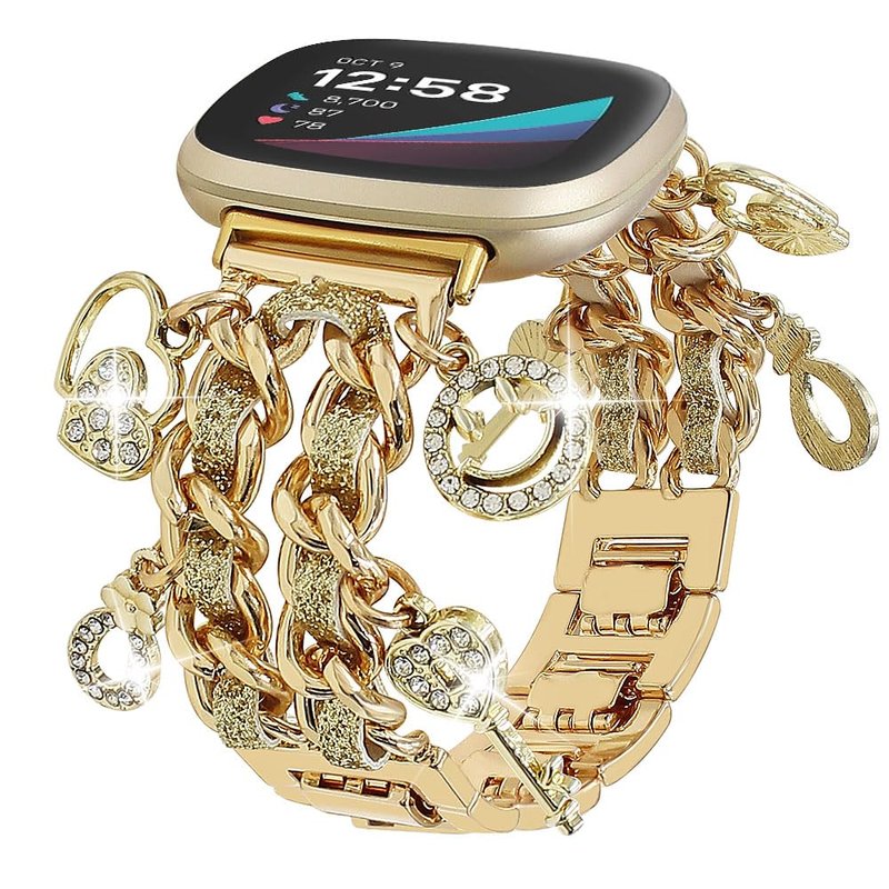 REALSIGN Metal Bands Compatible with Fitbit Versa 4/Versa 3/Sense 2/Sense Band Women,Stylish Cuban Chain Bracelet with Cute Unique Pendants Love Cross Charms Strap (Bling Gold)