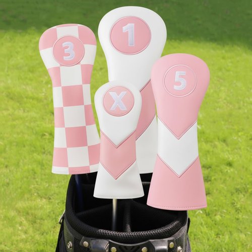 LaRandom 16 Pcs Golf Accessories Kit Include 4 Pcs Golf Club Head Covers, Ball Bag with Hook Towel Magnetic Ball Marker Tees Divot Tool Cleaner Brush for Gifts(Pink,Checkered)
