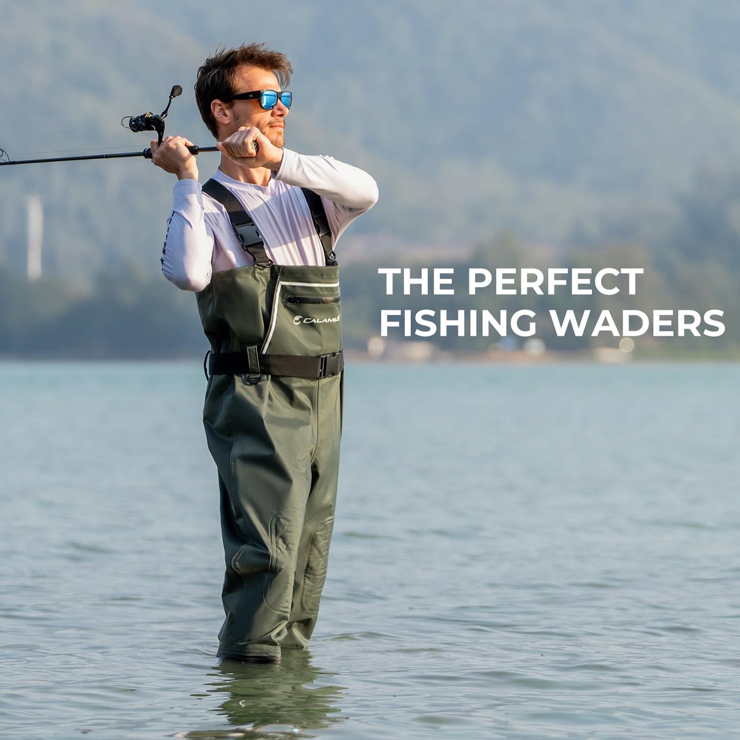 Calamus WaveWalker Fishing Waders for Men & Women, 100% Waterproof PVC Chest Waders with Slip-Resistant Boots, Tear-Resistant Nylon, Ample Storage, Wader Hanger, Military Green, 11