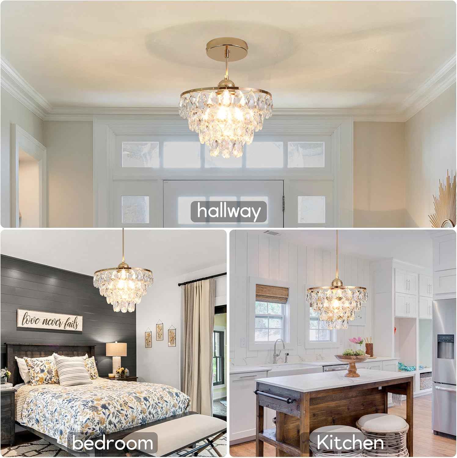 Gold Crystal Mini Chandelier - Modern Flush Mount Ceiling Light for Hallway & Bedroom