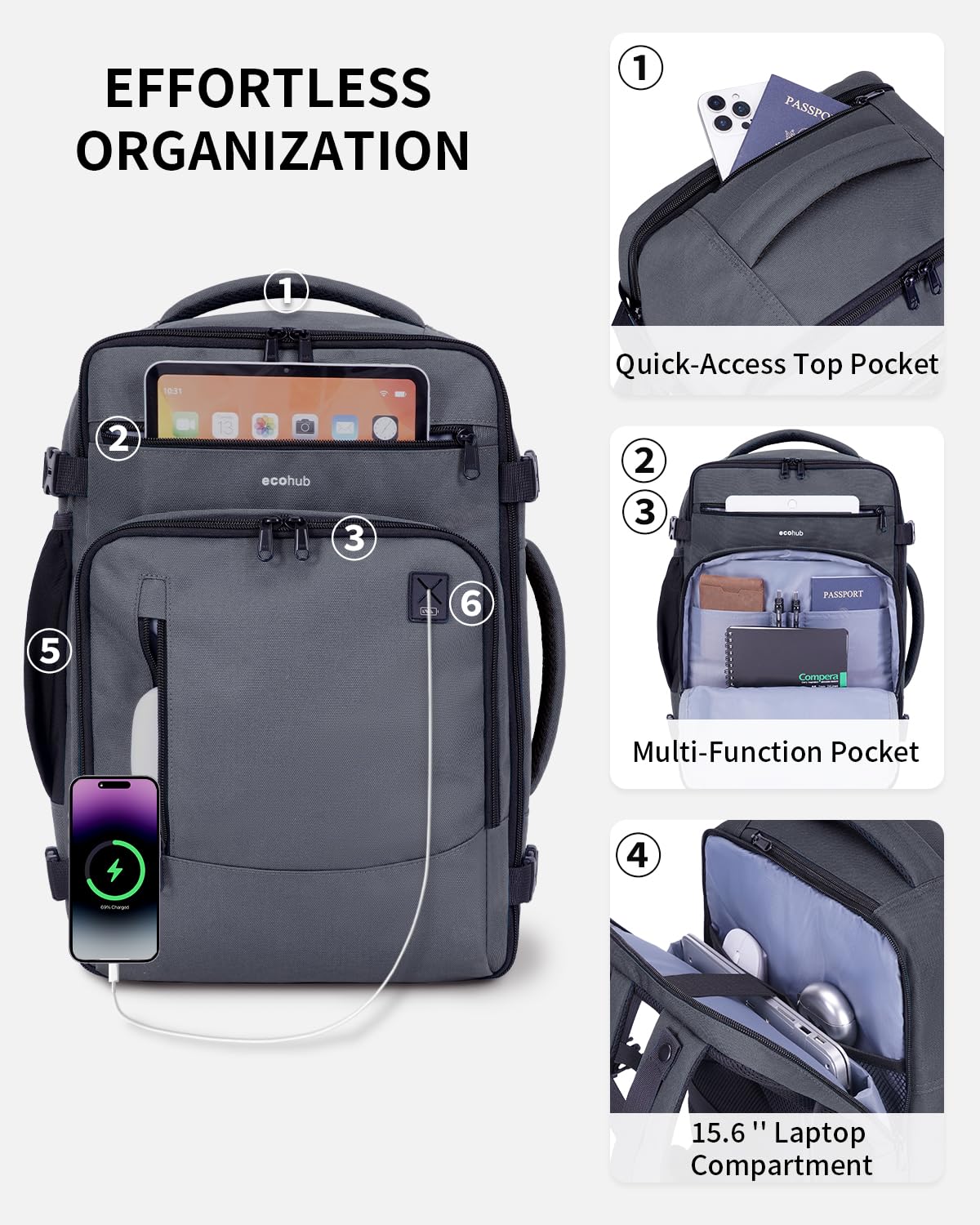 ECOHUB 17" Small Travel Backpack, United Airlines Personal Item Bag 17x10x9 with 16 Pockets, Water Resistant Rucksacks Fit 15.6" Laptop, AirTag Pocket, Lightweight Casual Daypack, 25L, Grey Green