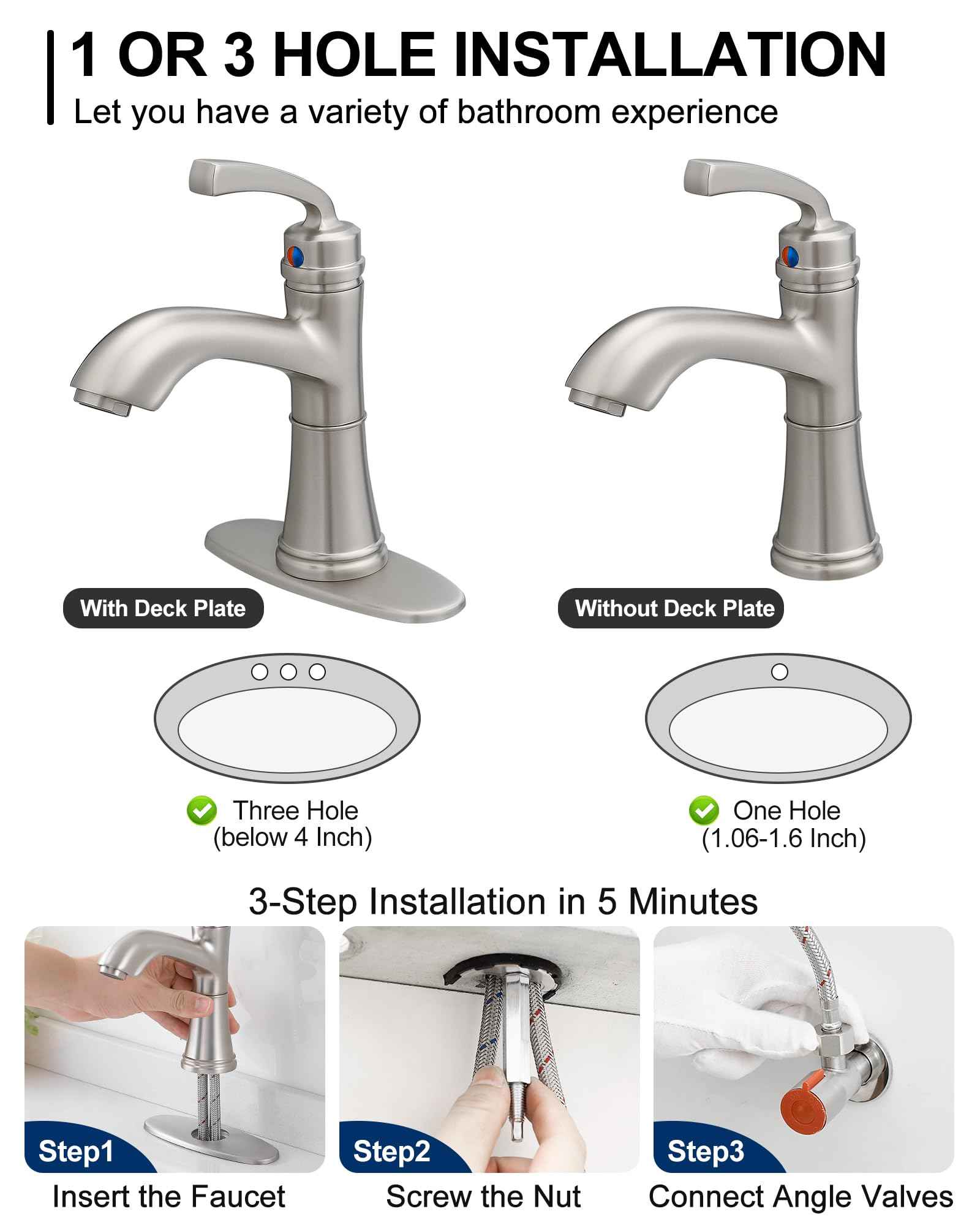 HEYMYTAP Brushed Nickel Bathroom Faucet Single Handle, Brass Bathroom Vanity Faucet 4 Inch Bathroom Sink Faucet 1 Hole or 3 Holes, Bathroom Faucets with Deck Plate & Pop-up Drain, No Noise
