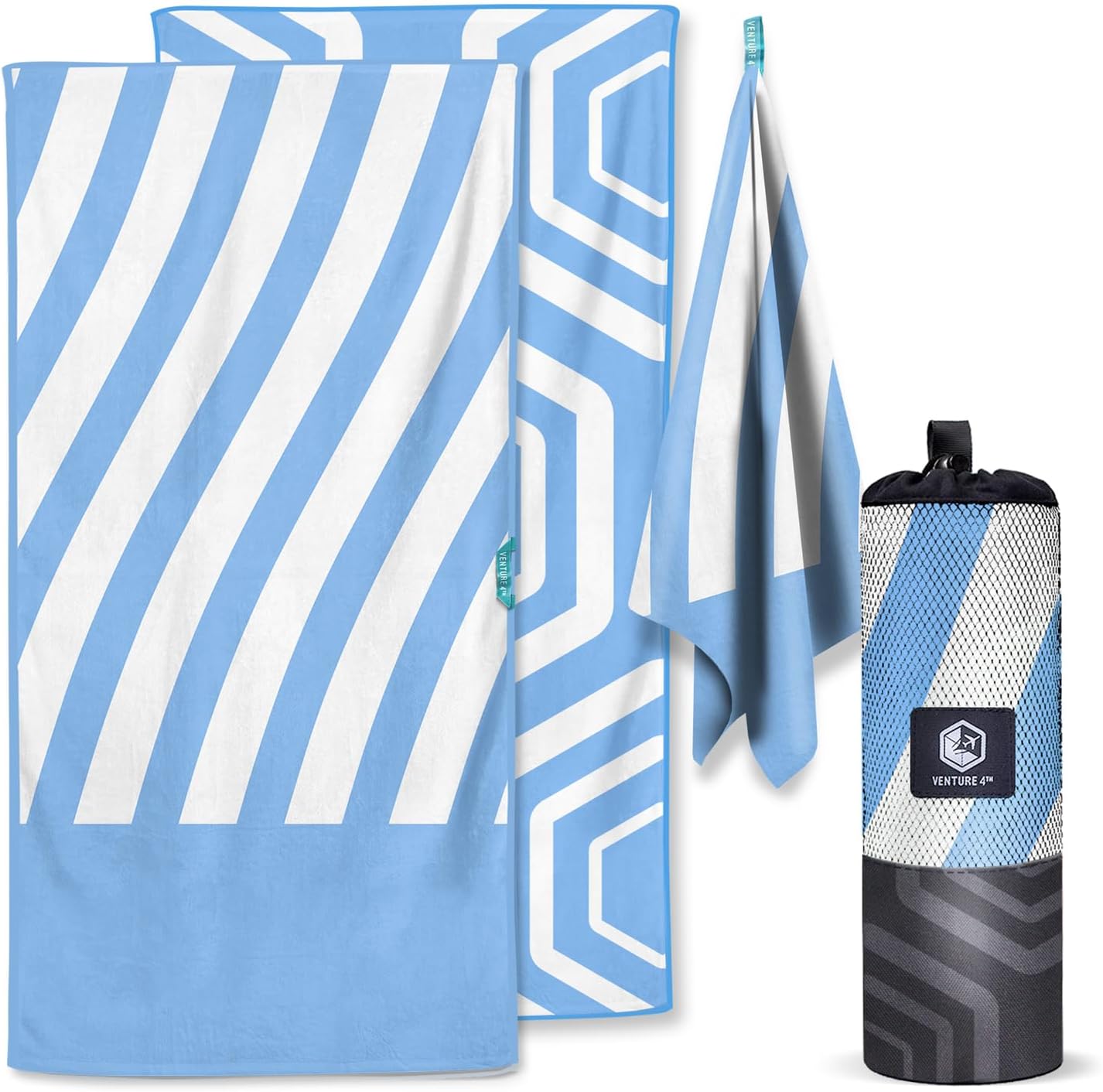 VENTURE 4TH Microfiber Beach Towel - Quick-Dry, Compact, Sand-Free & Lightweight | Sky Blue Stripes, 35x78 Inches