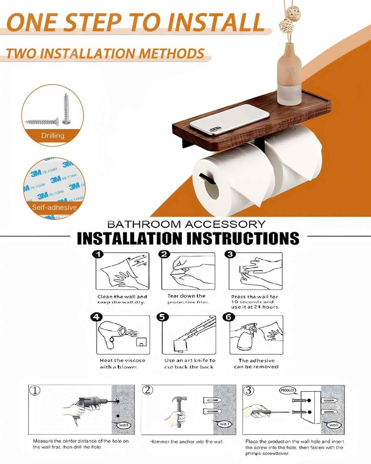 Adhesive Wood Double Toilet Paper Holder with Shelf Storage, Wall Mount Wooden Toilet Paper Roll Holder and Wipes Holder with Phone Shelf, 304 Stainless Steel & Wood, Double Roll Matte Black