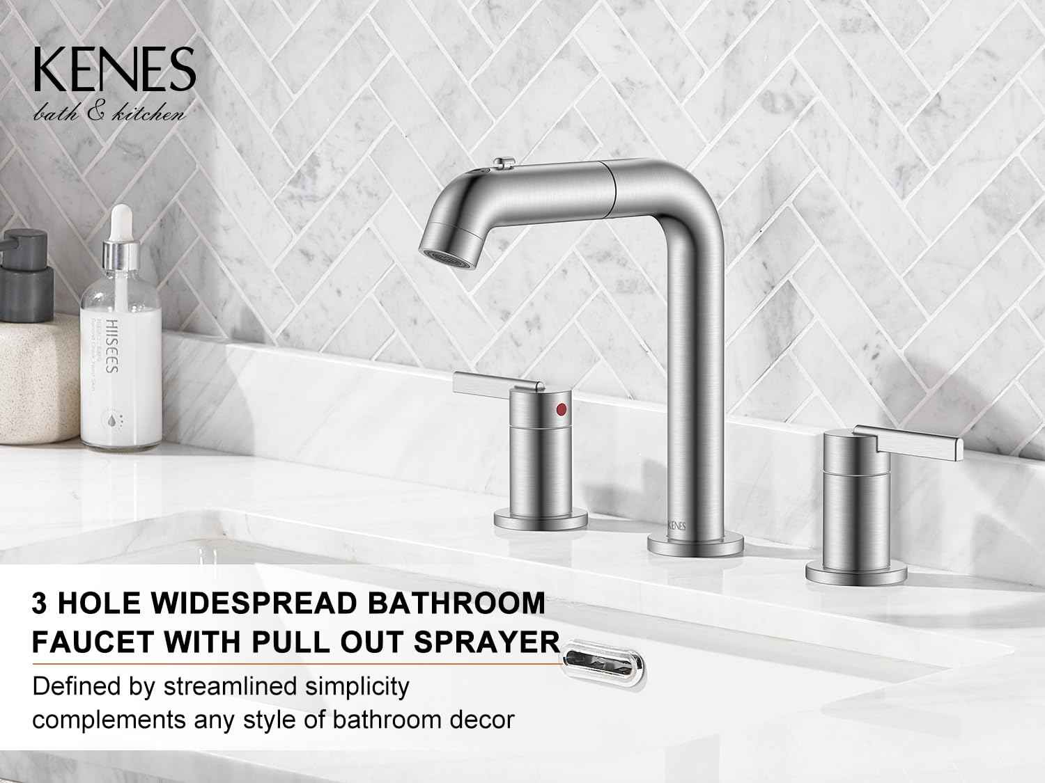 KENES Widespread Bathroom Faucet with Sprayer, Brushed Nickel Bathroom Sink Faucet with Pull Down Sprayer, 8 Inch 3 Hole Pull Out Bathroom Faucet with Pop Up Drain & Supply Lines LJ-9058A