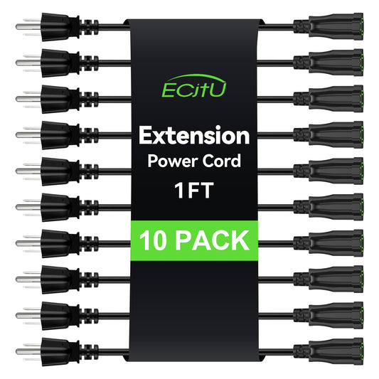 Power Extension Cord 1FT/12Inch(10 Pack), Short 3 Prong Electric Extension Cable Outlet Saver, Single Outlet, Heavy Duty, Waterproof, Flexible, 16 AWG, 13A 125V, Extender Wires with 15 Cable Ties