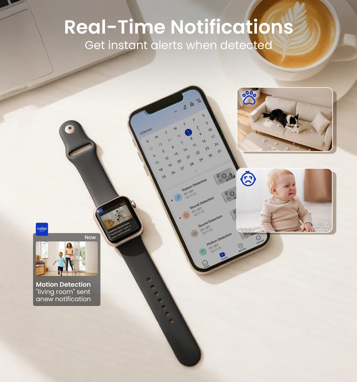 Veise 2K Security Camera Indoor 2.4GHz, 360° Pan/Tilt Cameras for Home Security, Pet & Baby Monitor, Motion Tracking, Voice Control, 2-Way Audio, IR Night Vision, Cloud &SD Card Storage, White