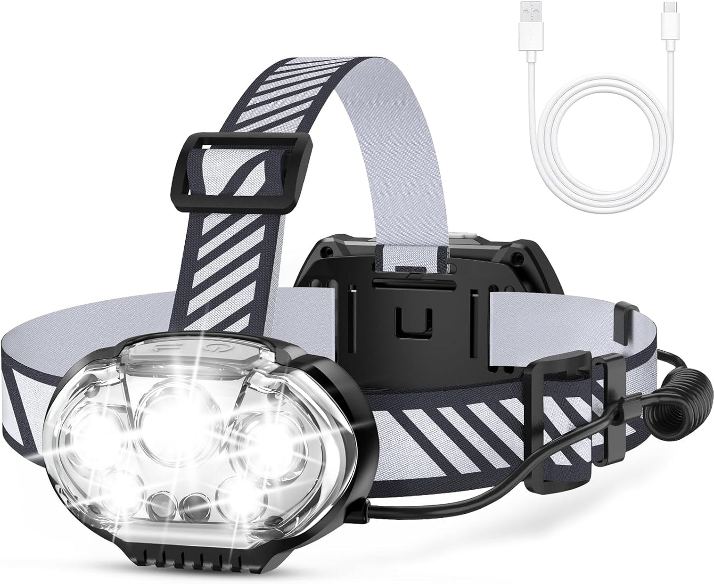 MIOISY Rechargeable Headlamp - Ultra-Bright 5 LED Headlight with Red & White Light | IPX4 Waterproof, 8 Modes for Outdoor Activities