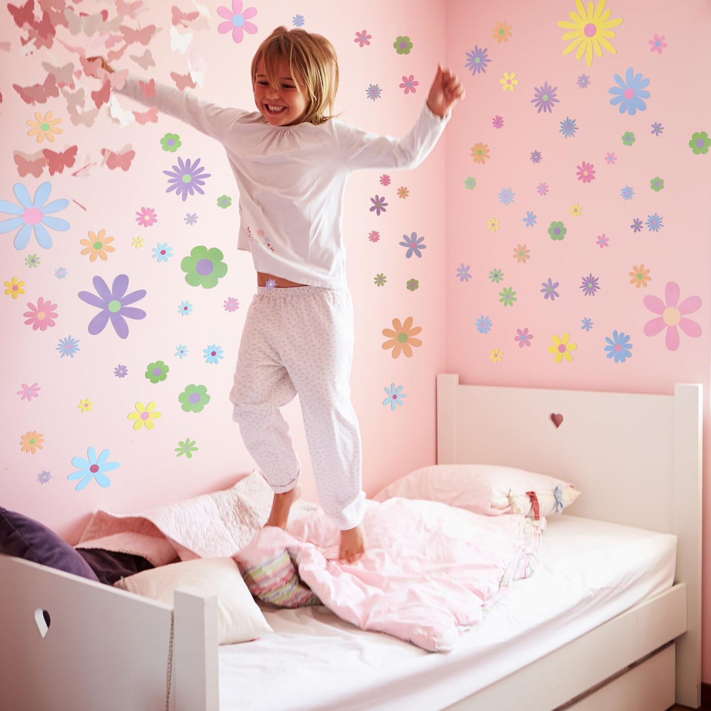 Kisston 90 Pcs Daisy Wall Decal Alphabet Vinyl Wall Decals Boho Decal Daisy Stickers Boho Groovy Floral Stickers for Nursery Art Bedroom Classroom(Pastel)