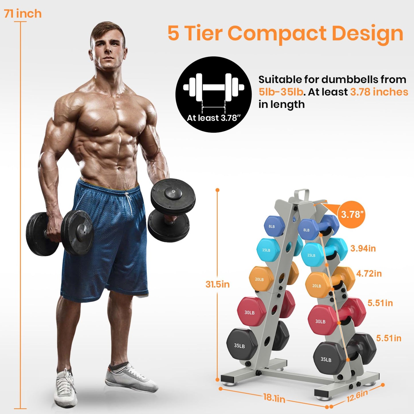 TomCare 5 Tier Dumbbell Rack Stand Only, Weight Rack for Dumbell Set (5-35 LB) Home Gym Storage Stand for Weights Metal A-Frame Strength Training Dumbbell Holder with Handle (Dumbells not Included)