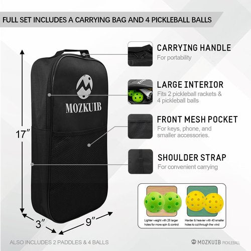 MOZKUIB Pickleball Paddles Set of 2, Lightweight Fiberglass Surface Pickleball, 16MM Polypropylene Honeycomb Core, Pickle Ball Paddle Set with 2 Paddles 4 Balls 1 Bag for Men Women Indoor Outdoor