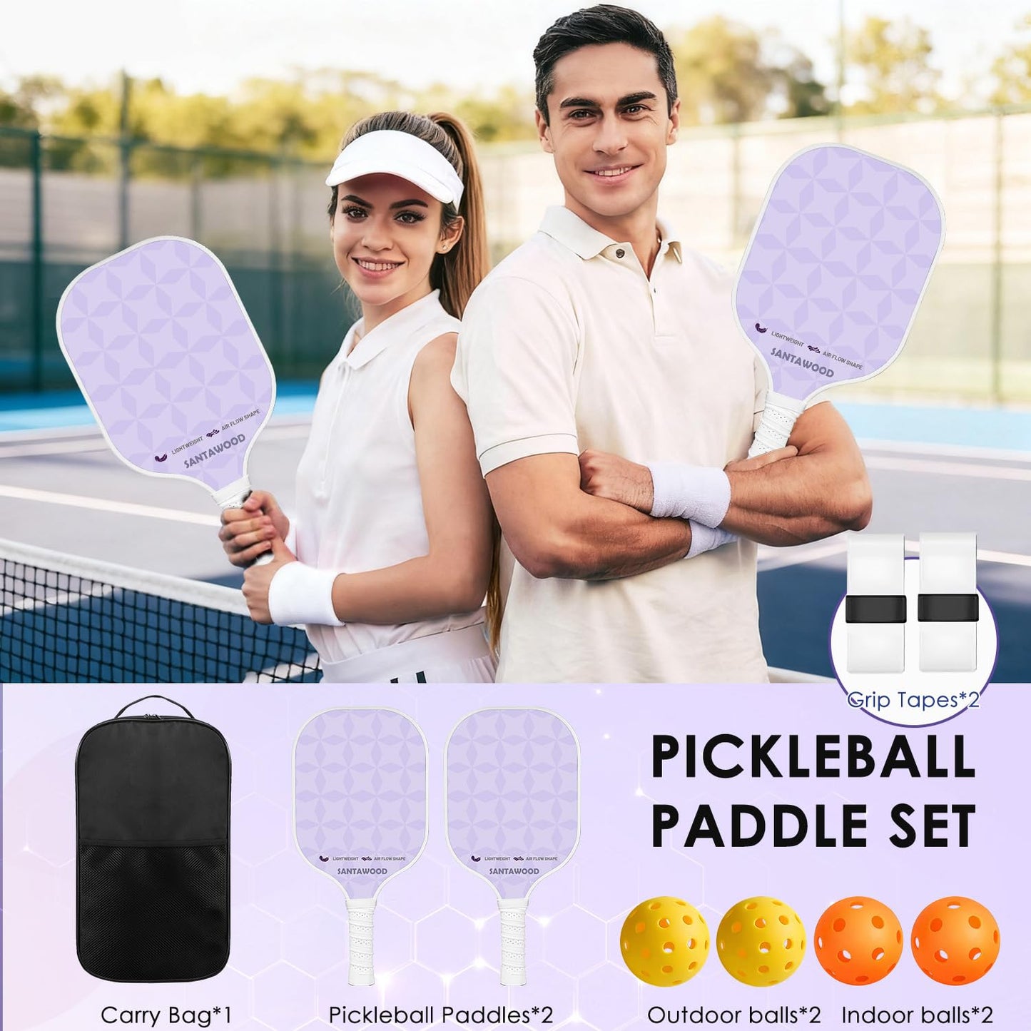 Pickleball Paddles Set of 2, Fiberglass Pickleball Racket, 2 Pickleball Rackets, 4 Balls, 2 Grip and 1 Portable Carry Bag, Aesthetic Pickle Ball Rackets 2 Pack for Men Women Beginners (Purple)