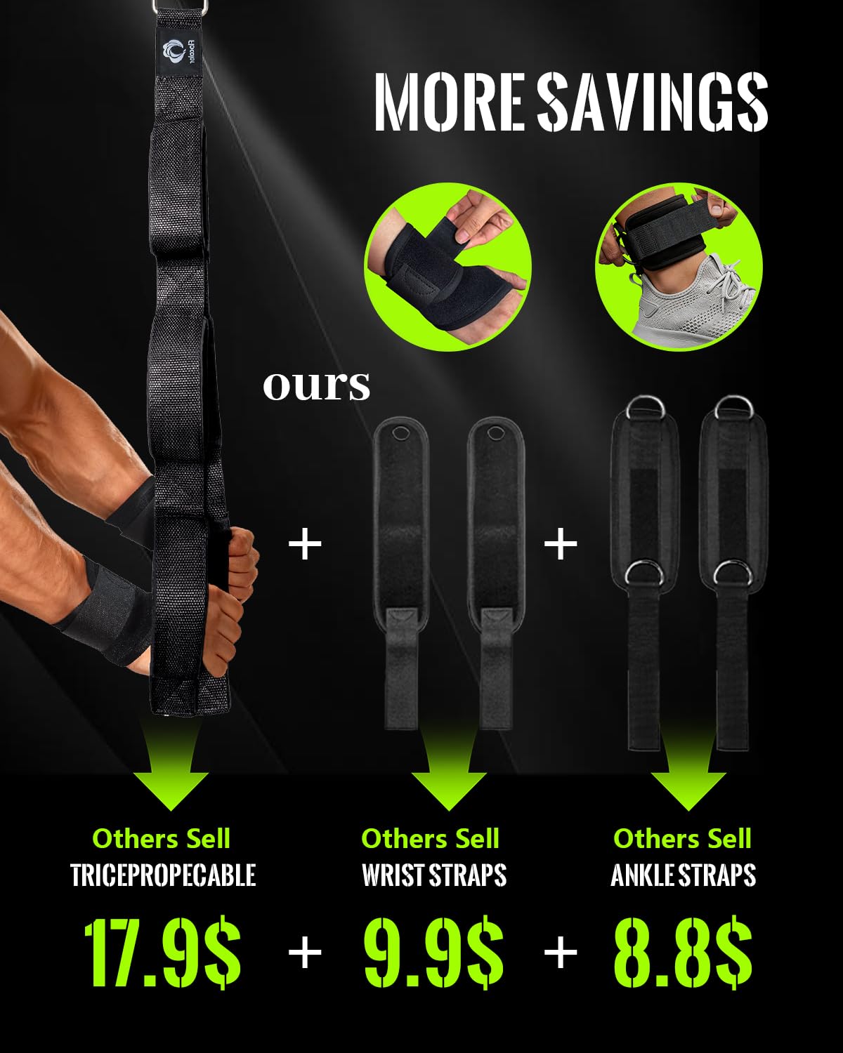 3 Grip Lengths in 1 Tricep Rope Cable Attachment & Wrist Brace Ankle Strap