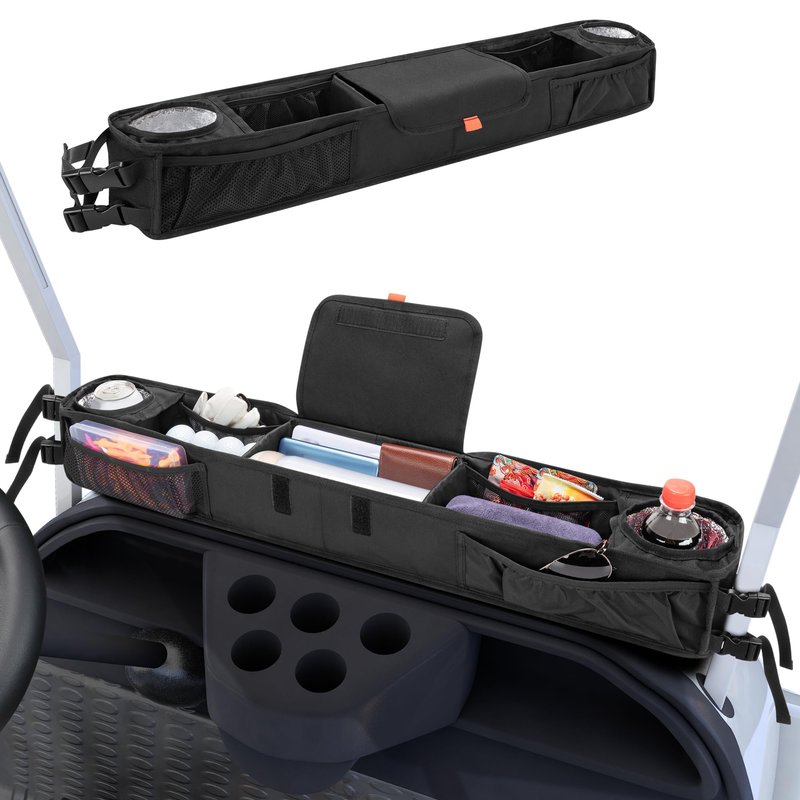 PGmoon Golf Cart Front Storage Basket with Insulated Cup Holders, No-Drilling Dash Tray Organizer Compatible with EZGO, Club Car, Kandi Electirc Golf Cart, Golf Cart Storage Organizer