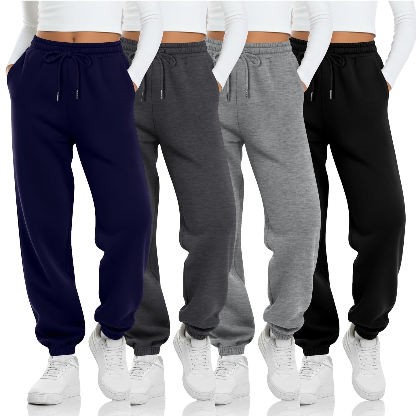 LessonZoo 4 Pack Girls' Jogger Sweatpants Girls Drawstring Sweat Pants Teens Activewear Kids Joggers with Pockets (Ages 5-16)(Navy Blue, Dark Gray, Light Gray,Black,X-Large)