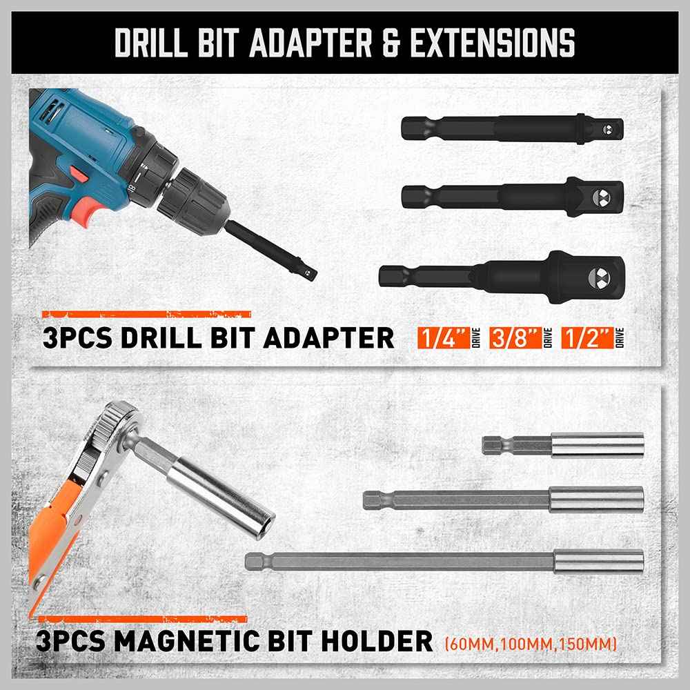HORUSDY 47Pcs Nut Driver Set SAE and Metric, Impact Magnetic Nut Driver for impact drill, Socket Adapters, Screwdriver Bit Set, Cr-V Steel 1/4" Hex Shank Quick Change,with Storage Case