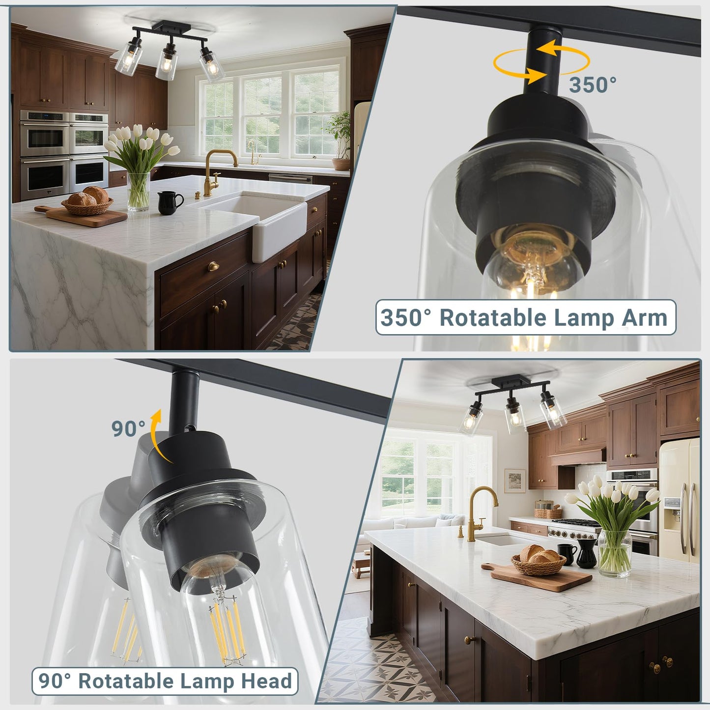 LOUSACE 3 Light Kitchen Track Light Fixtures Ceiling Vanity Lights Black, Bathroom Track Lighting Kit w/Rotatable Heads & Clear Glass Shade, Modern Wall Ceiling Tracking Light for Accent Shop Hallway