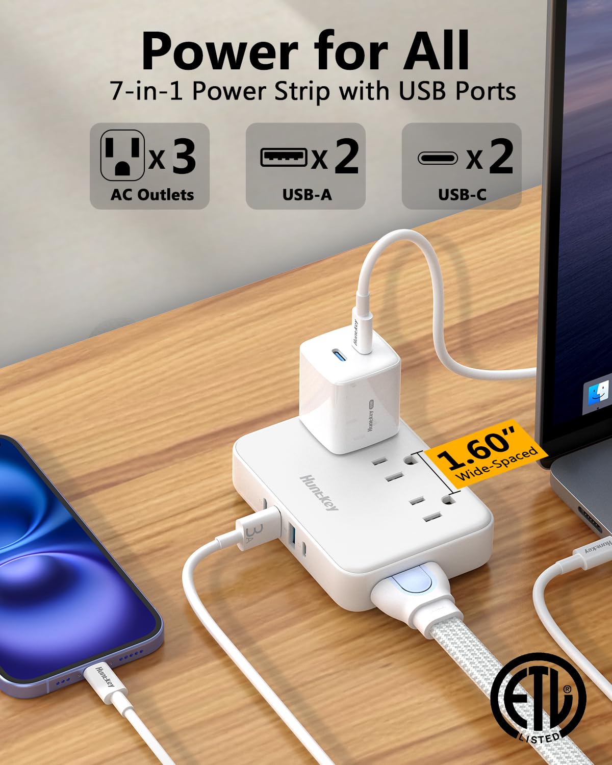 Non Surge Power Strip for Cruise, Travel Power Strip Cord Removable for Easy Packing, Huntkey 3 Outlets with 4 USB Ports (2 USB-C, 2 USB-A), 4ft/10ft/16ft Cord Available, Power Cord Sold Separately