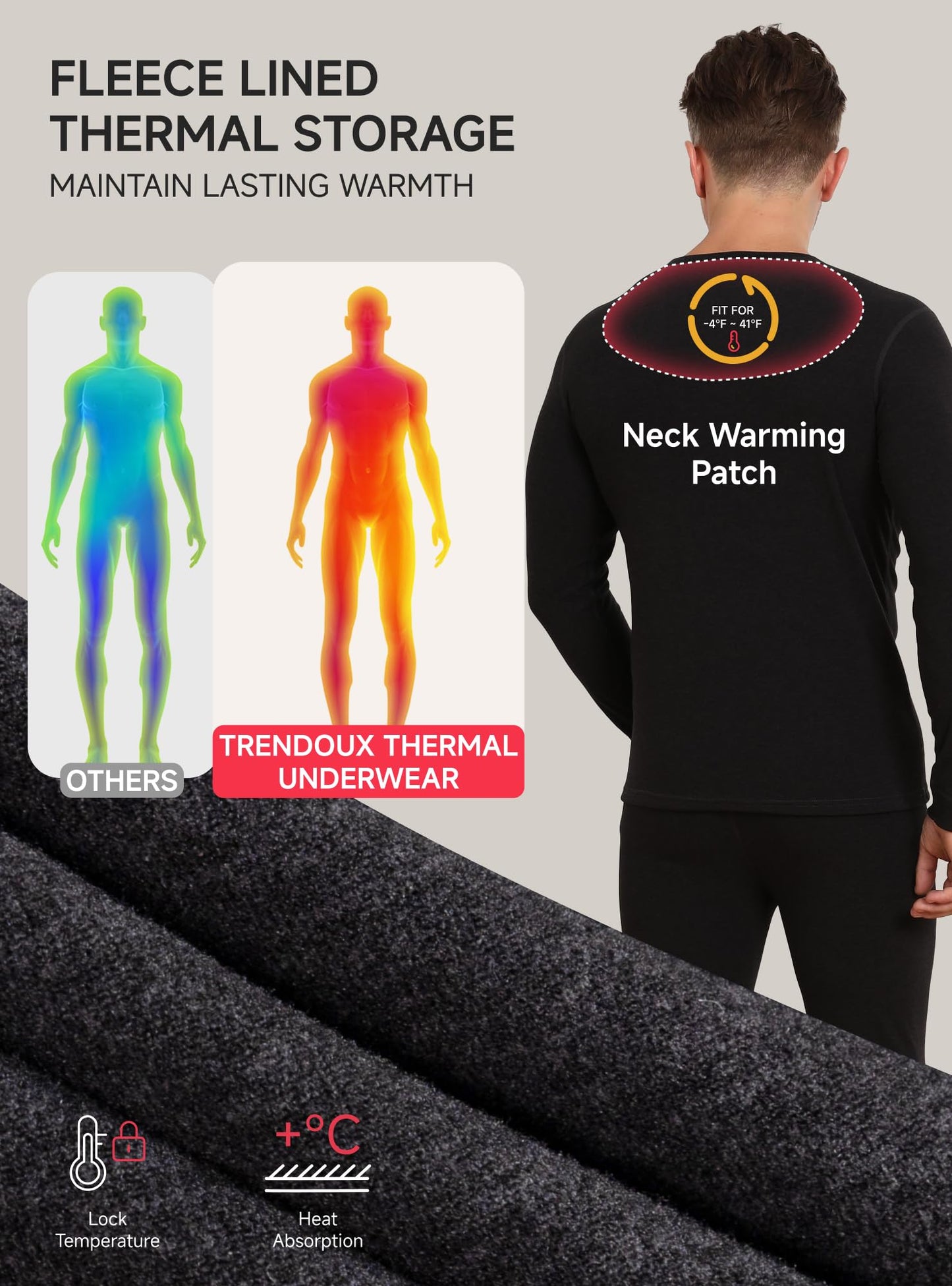 Thermal Underwear for Men Wool Long Johns Fleece Lined, Lightweight Warm Gear Set for Autumn Winter Cold Weather Top Bottom, Base Layer Thermal Long Sleeve Shirt Underpants for Running - Black M