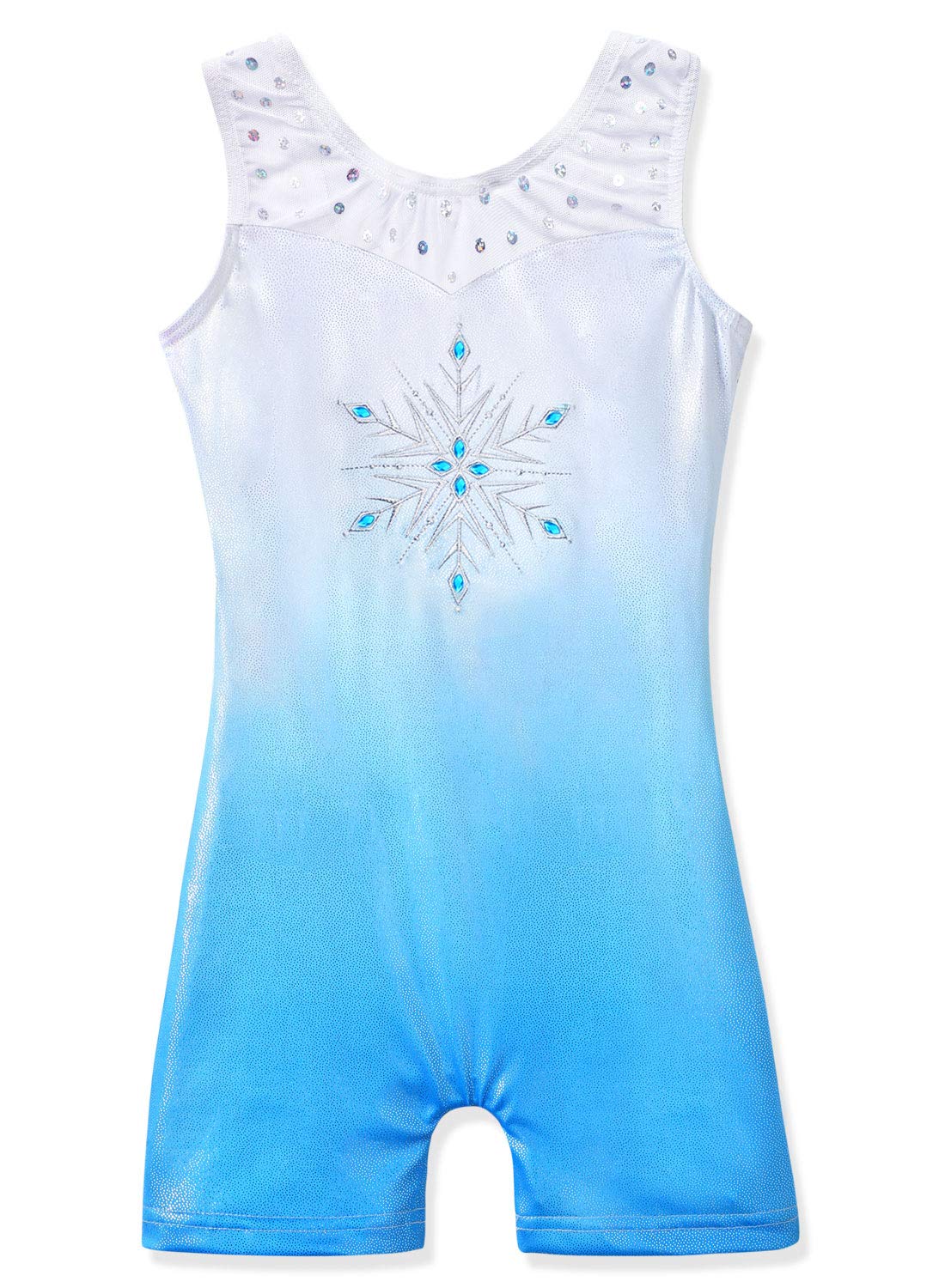HOZIY Gymnastics Leotards With Shorts for Girls 7-8 7/8 Ombre White Blue Embroidery Snowflakes Diamond Rhinestone Biketard