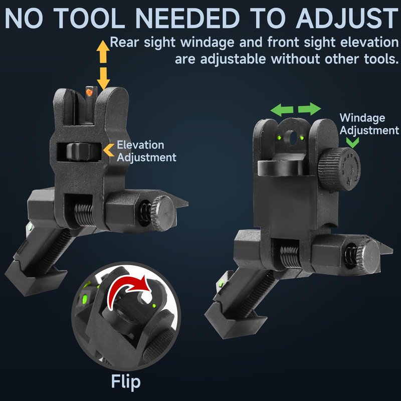 TPRCOL 2nd 45-Degree Flip Up Front and Rear Sights, Black, with Green Red Fiber Optic Dots, Picatinny Rail Mount