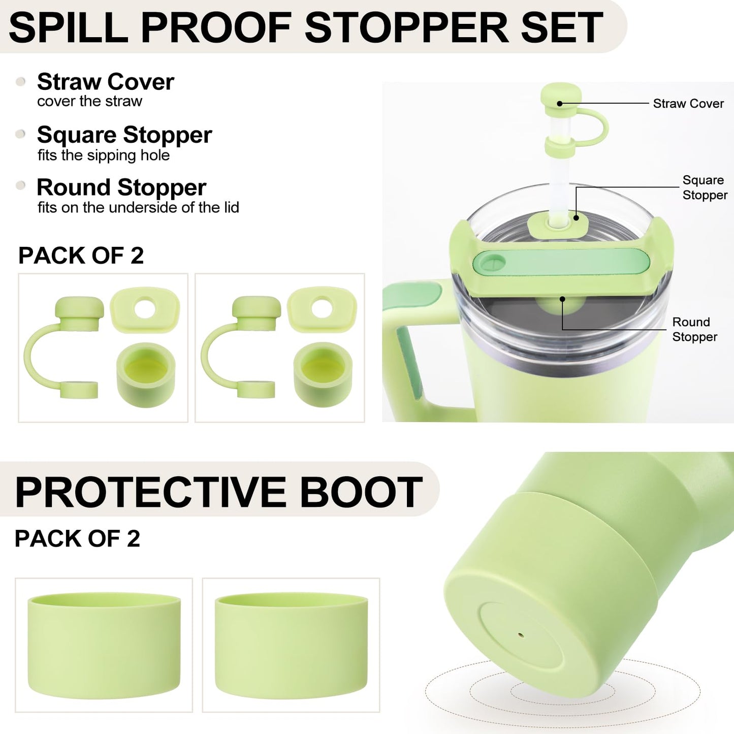 HYZ 8pcs Stanley Cup Accessories, Spill Proof Stopper & Boot Set, Citron